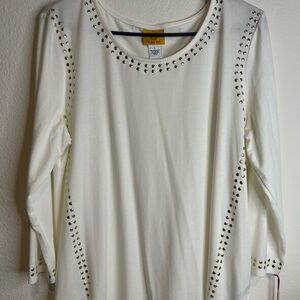 Ruby Rd. White Long Sleeve Top with Gold Accents